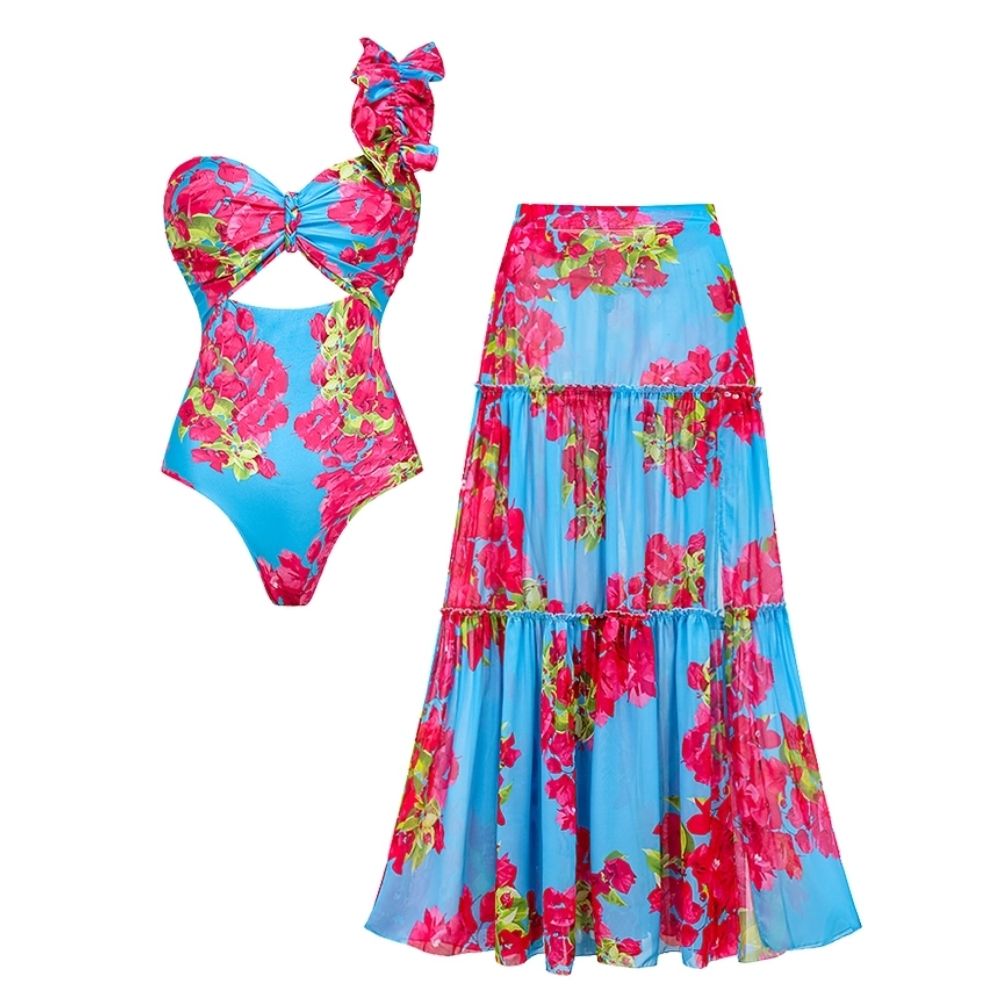 Women's Laser Cut Flower Hollow One-Piece Swimsuit with Cover Up Skirt V-Neck Elegant Beach Summer Swimwear – Navy Blue - Lolly 