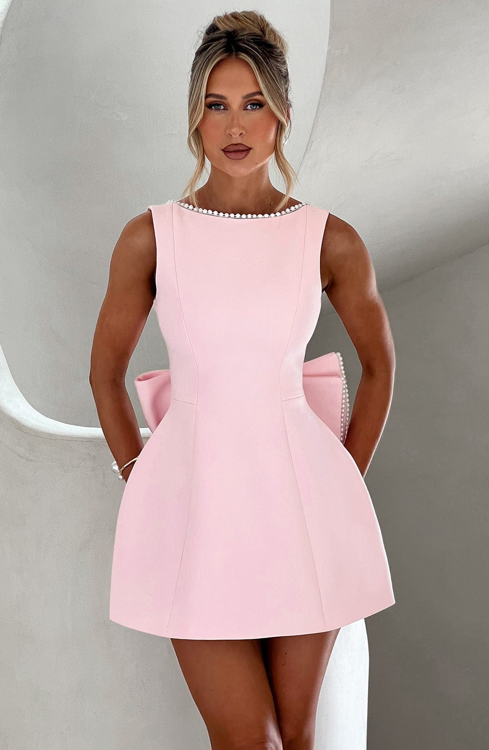 Women's Structured Mini Dress Cocktail Party Bridal Shower Night Out – Amber Pink & Black