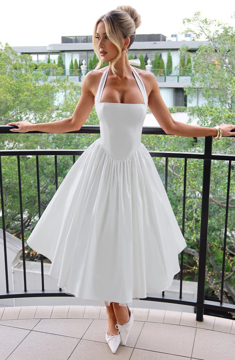 Women's Elegant Halter Midi Dress Formal Wedding Guest Bridal Shower Cocktail Party Ceremony – Ariana Ivory White