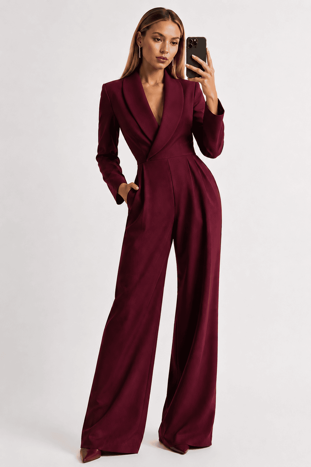 Women's Fitted Waist Jumpsuit Crossover V-Neck Wrap Front Wide-Leg Notched Lapel Formal Elegant