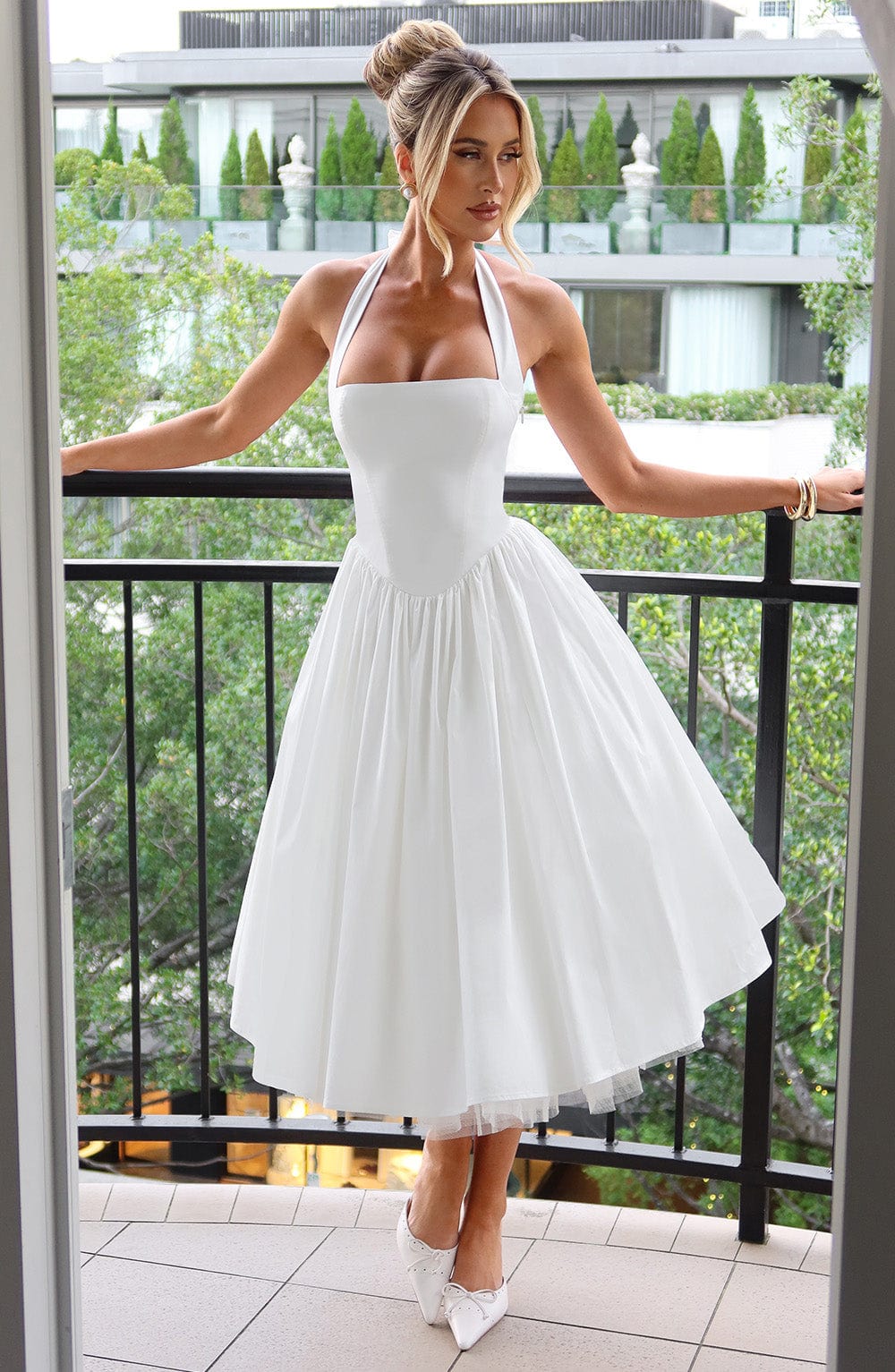 Women's Elegant Halter Midi Dress Formal Wedding Guest Bridal Shower Cocktail Party Ceremony – Ariana Ivory White