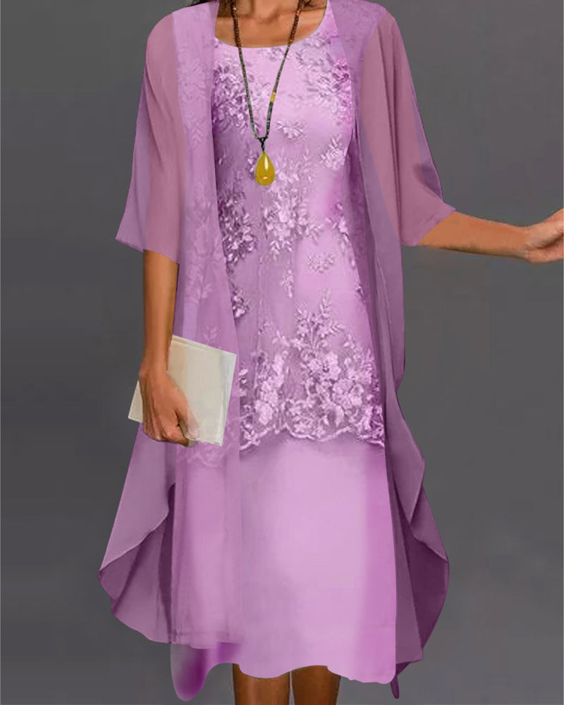 Women's Midi Two-Piece Chiffon Dress Wedding Guest Round Neck Lace Overlay - Niya