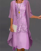 Women's Midi Two-Piece Chiffon Dress Wedding Guest Round Neck Lace Overlay - Niya