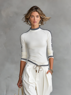 Women's Sports Two-Piece Set Half High Neck Sleeve Top Drawstring Wide-Leg Pants Casual – White