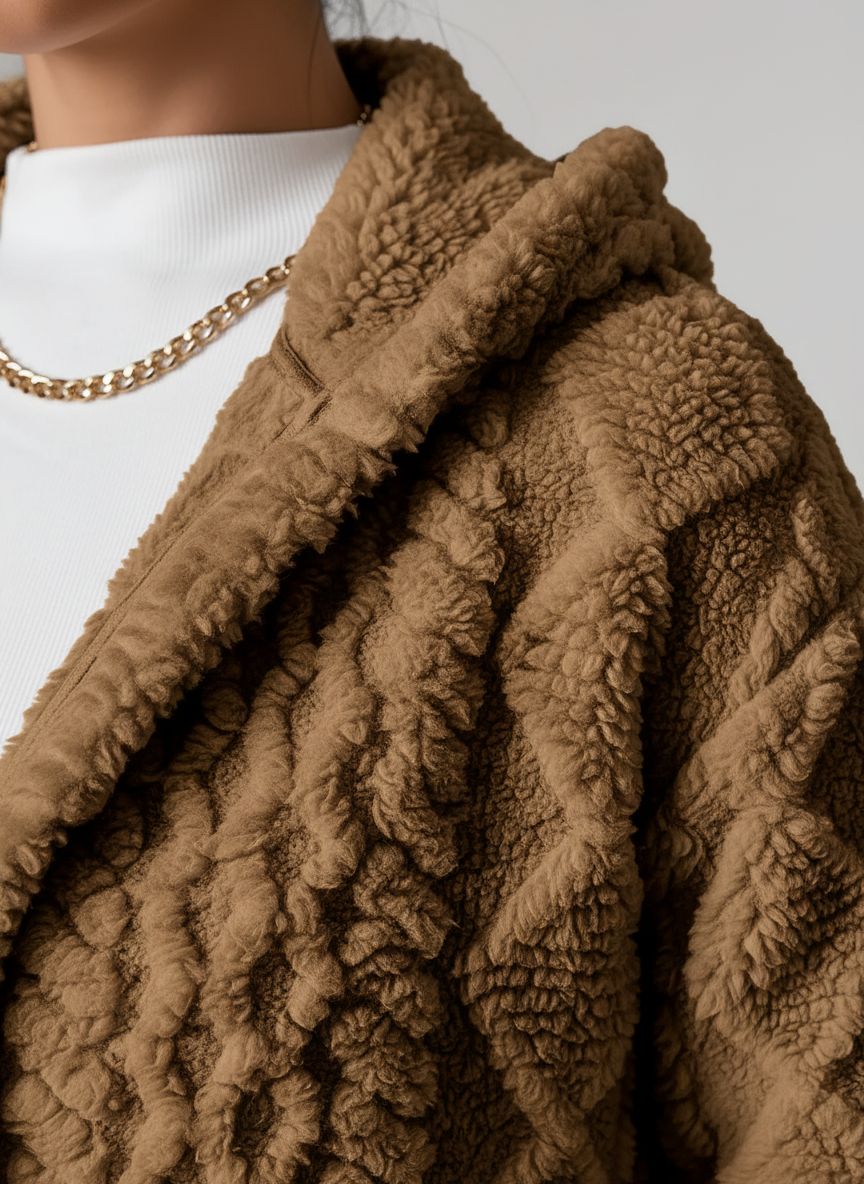 Close-up of the bouclé-like raised zigzag and diamond relief texture on the camel brown hooded cardigan, with the folded hood collar visible