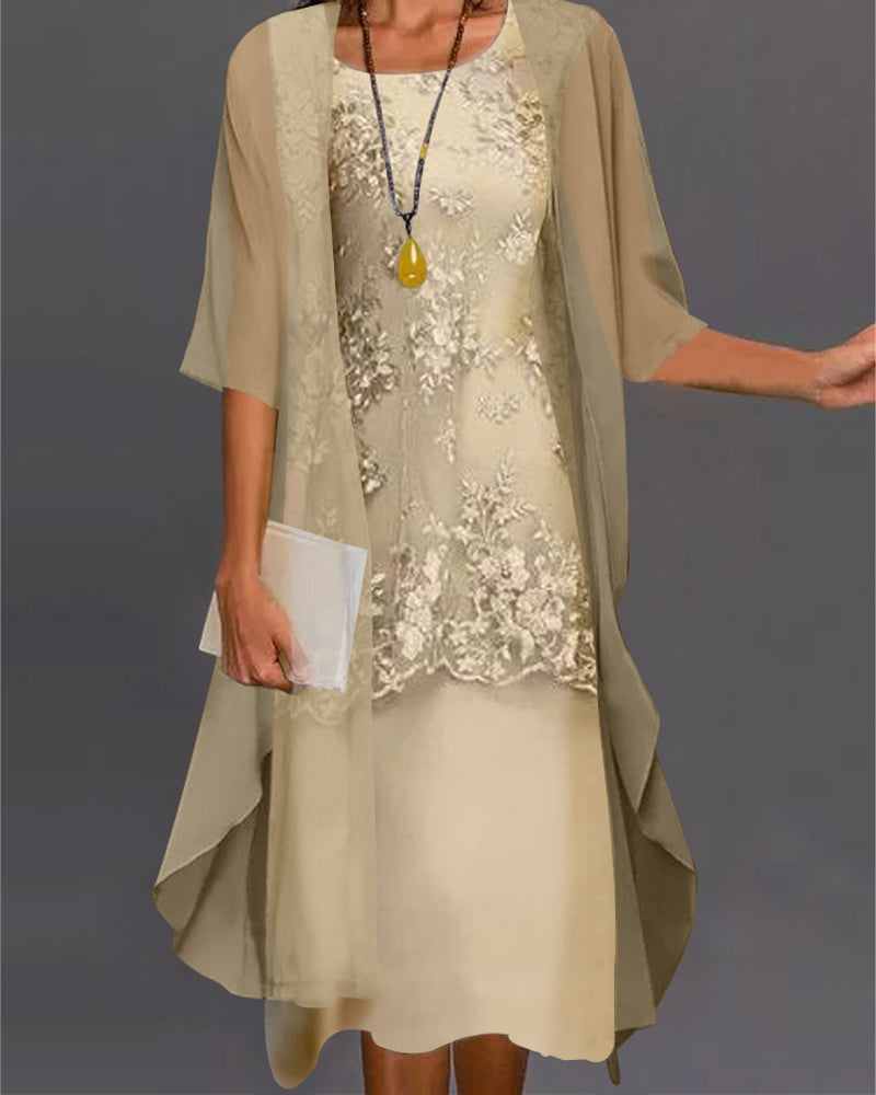 Women's Midi Two-Piece Chiffon Dress Wedding Guest Round Neck Lace Overlay - Niya
