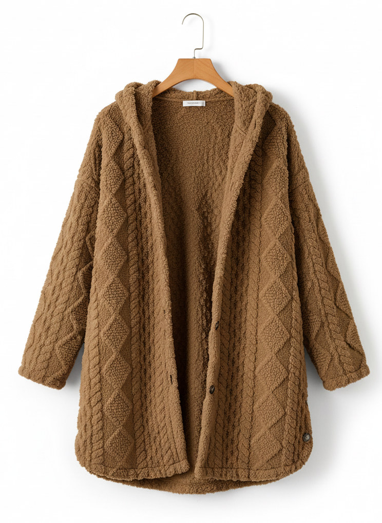 Cardigan with Hood – Textured Fleece-Like Open-Front Coat