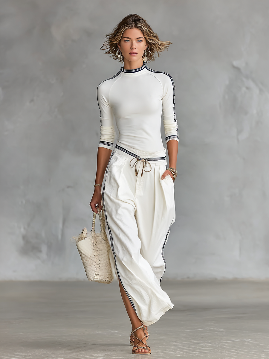Women's Sports Two-Piece Set Half High Neck Sleeve Top Drawstring Wide-Leg Pants Casual – White
