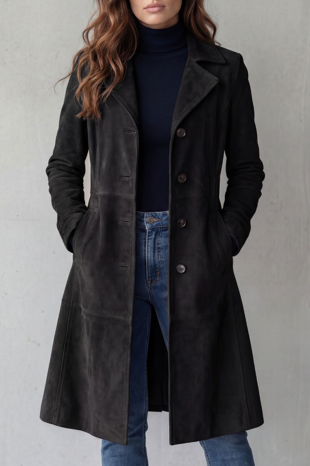 Close-up front view of a woman wearing the same longline coat style in black, with notched lapel and button front