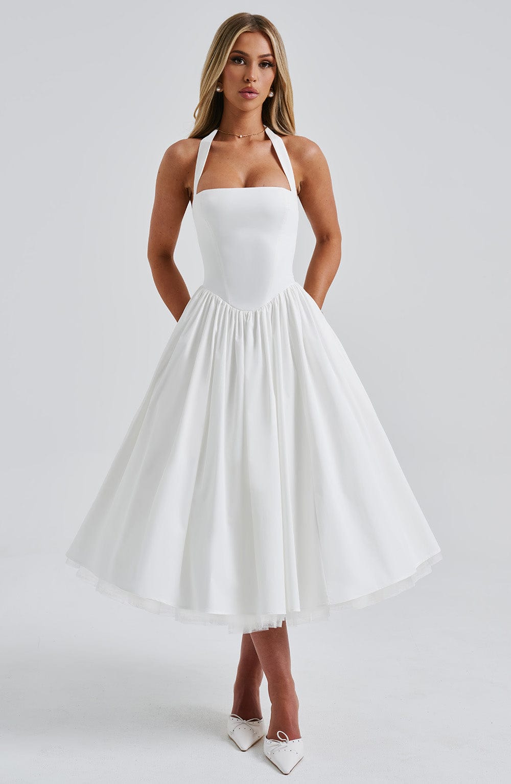 Women's Elegant Halter Midi Dress Formal Wedding Guest Bridal Shower Cocktail Party Ceremony – Ariana Ivory White