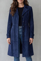 Long Coat Women – Tailored Longline Button-Front with Suede-Like Finish
