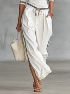 Women's Sports Two-Piece Set Half High Neck Sleeve Top Drawstring Wide-Leg Pants Casual – White