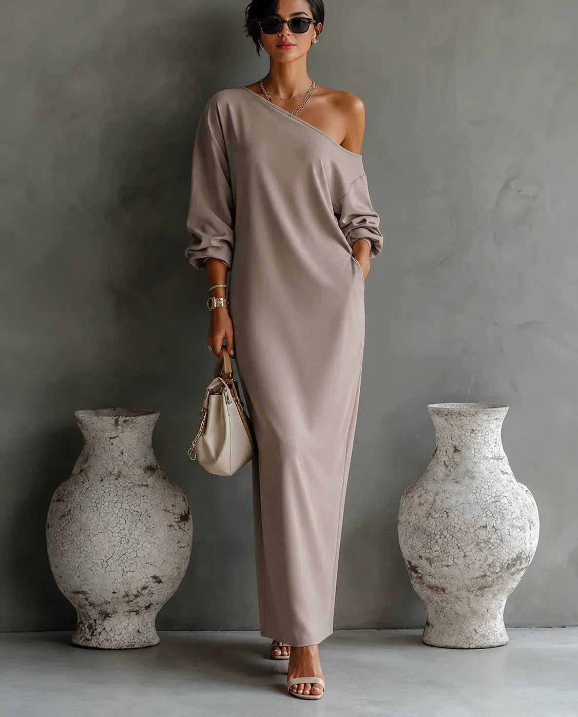 Women's Linen Balloon Sleeve Long Dress Off-Shoulder Oversized Relaxed Fit Formal Wedding Guest Beach Vacation Resort Everyday – Brisa
