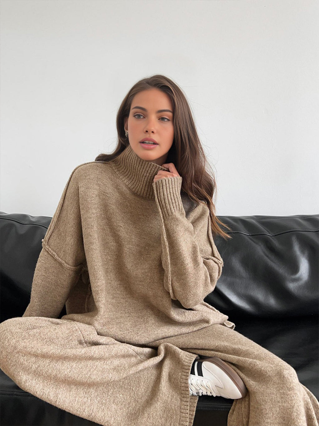 Women's Soft Knit Turtleneck Lounge Set Slouchy Wide-Leg Pants Cozy Casual Winter Everyday Comfort