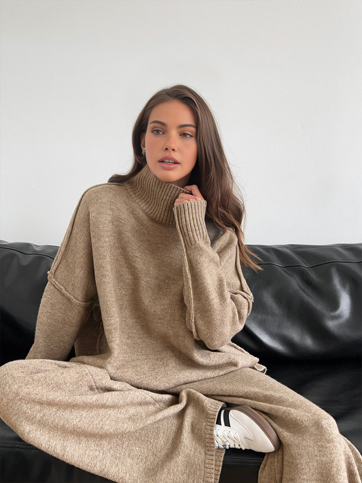 Women's Soft Knit Turtleneck Lounge Set Slouchy Wide-Leg Pants Cozy Casual Winter Everyday Comfort