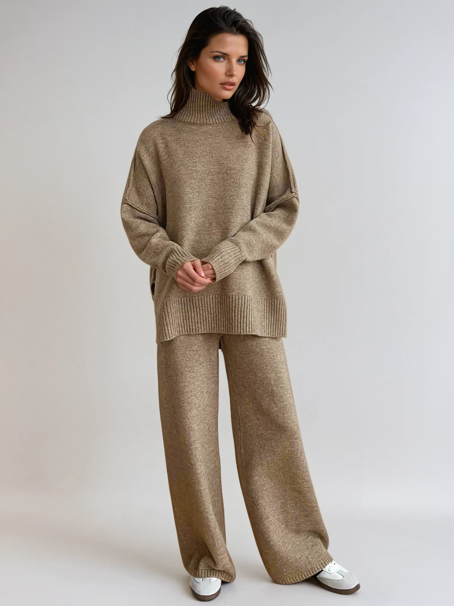Women's Soft Knit Turtleneck Lounge Set Slouchy Wide-Leg Pants Cozy Casual Winter Everyday Comfort