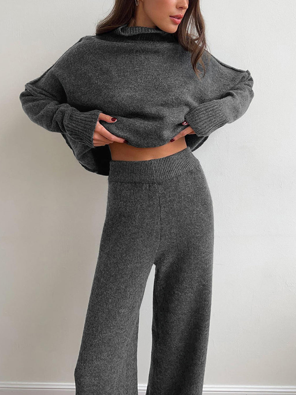 Women's Soft Knit Turtleneck Lounge Set Slouchy Wide-Leg Pants Cozy Casual Winter Everyday Comfort