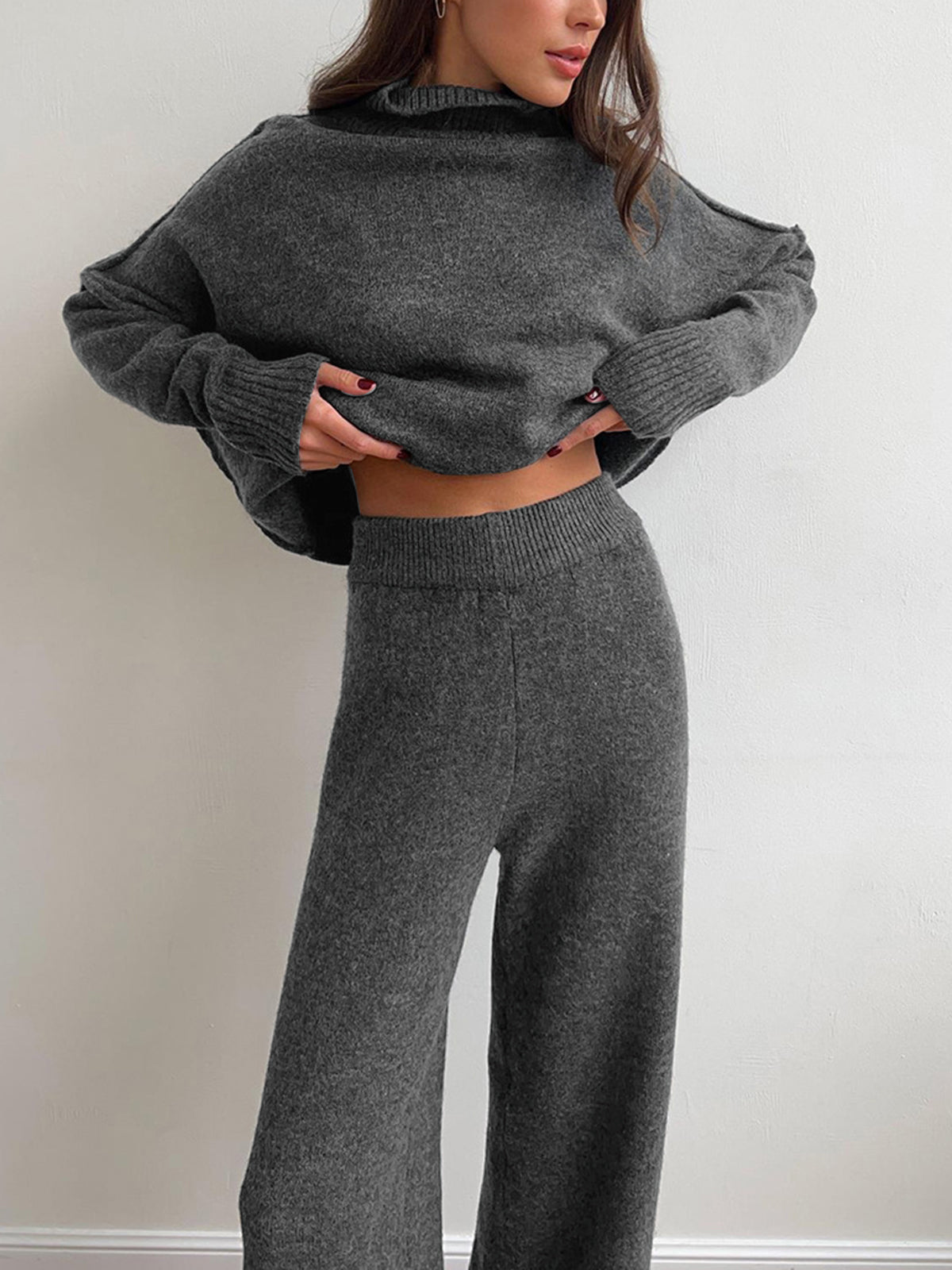 Women's Soft Knit Turtleneck Lounge Set Slouchy Wide-Leg Pants Cozy Casual Winter Everyday Comfort