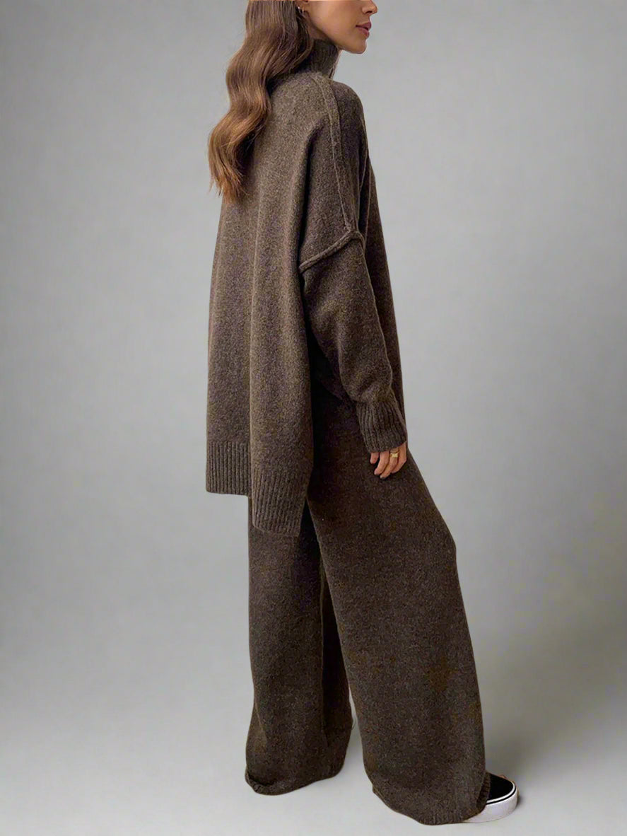 Women's Soft Knit Turtleneck Lounge Set Slouchy Wide-Leg Pants Cozy Casual Winter Everyday Comfort