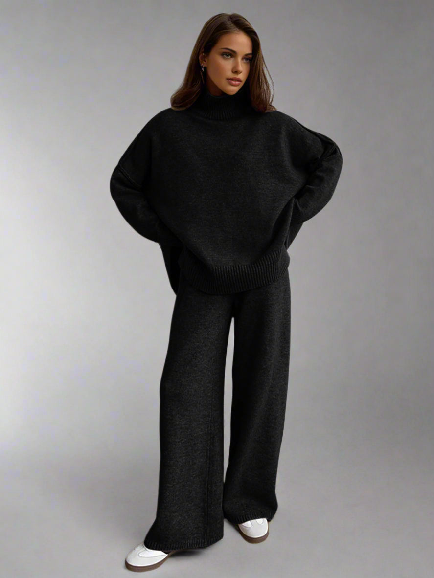 Women's Soft Knit Turtleneck Lounge Set Slouchy Wide-Leg Pants Cozy Casual Winter Everyday Comfort