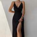 Women's Maxi Dress Evening Spaghetti Strap V-Neckline Side Slit Black