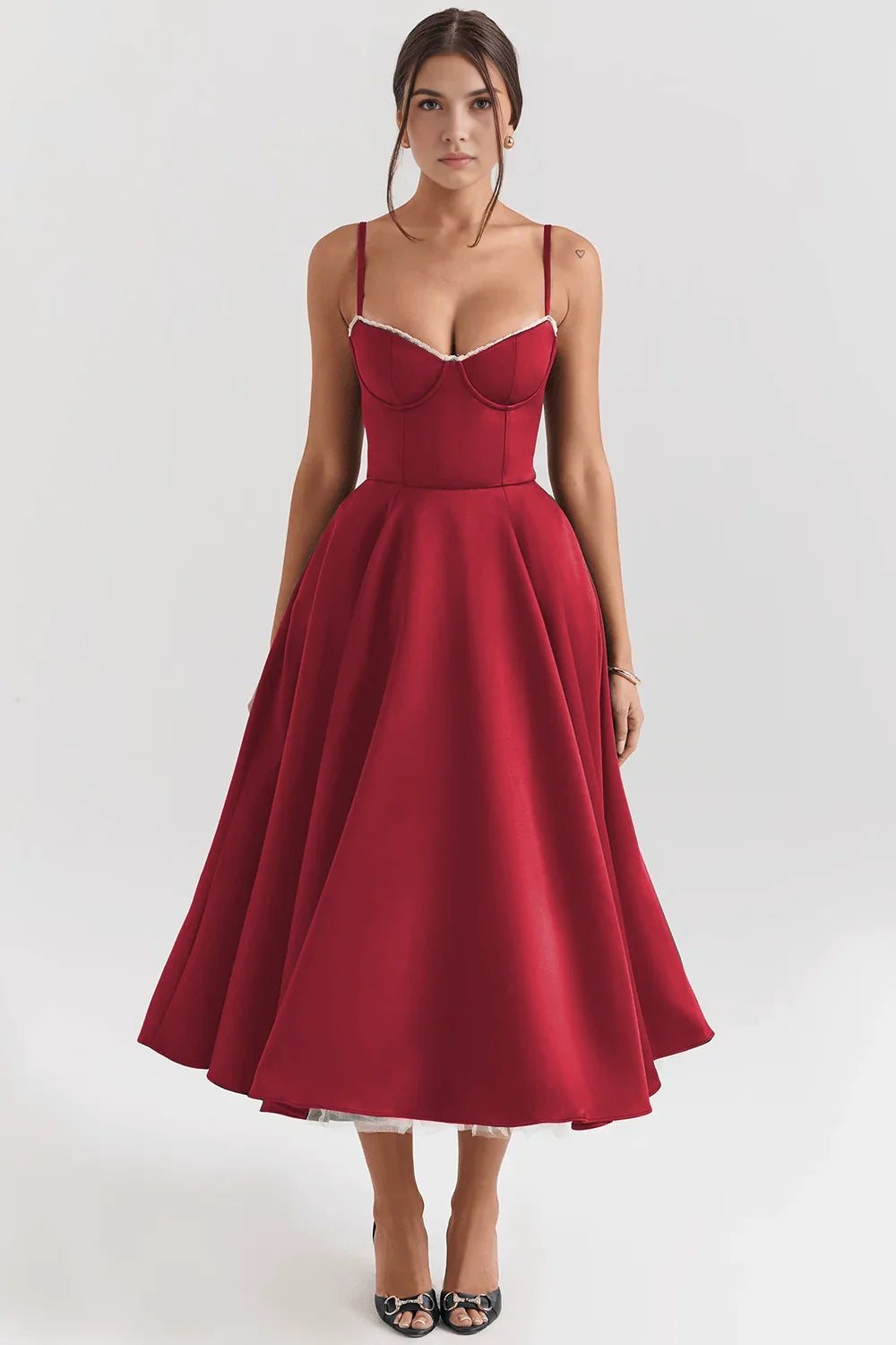 Women's Double Layer Satin Midi Dress Underwire Bust Tulle Formal Wedding Dinner Party – Cloe