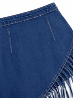 Women's Vintage Washed Denim Fringe Tassel Mini Short Skirt Raw Edge High Waist Slim Fit Casual Summer