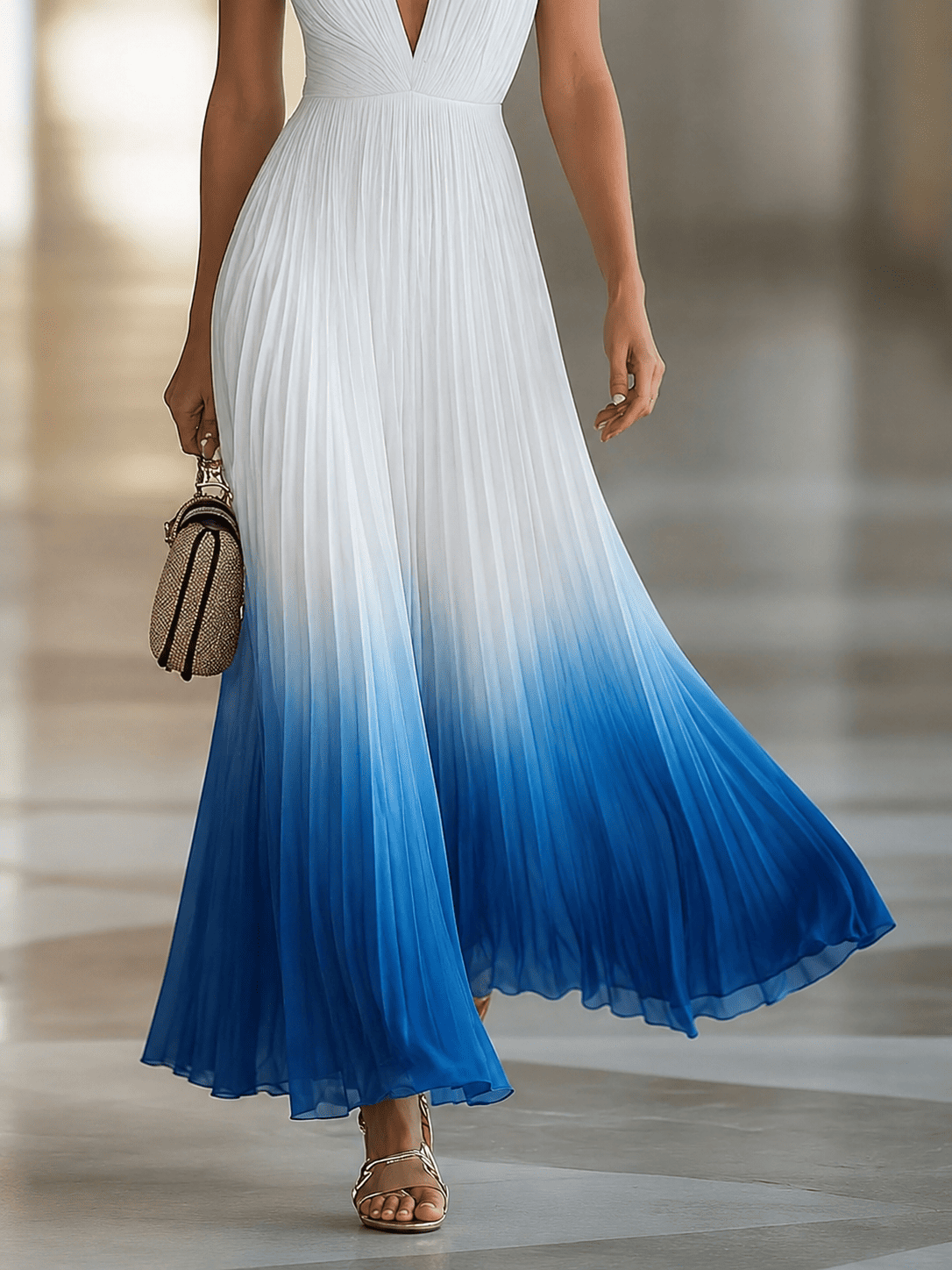 Women's Elegant Pleated Long Dress Chiffon V-Neck Wedding Guest Formal Party Summer Dress – Blue Gradient White