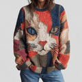 Women's Cat Graphic Crewneck Knit Sweater Relaxed Fit Patchwork Pullover Casual Winter