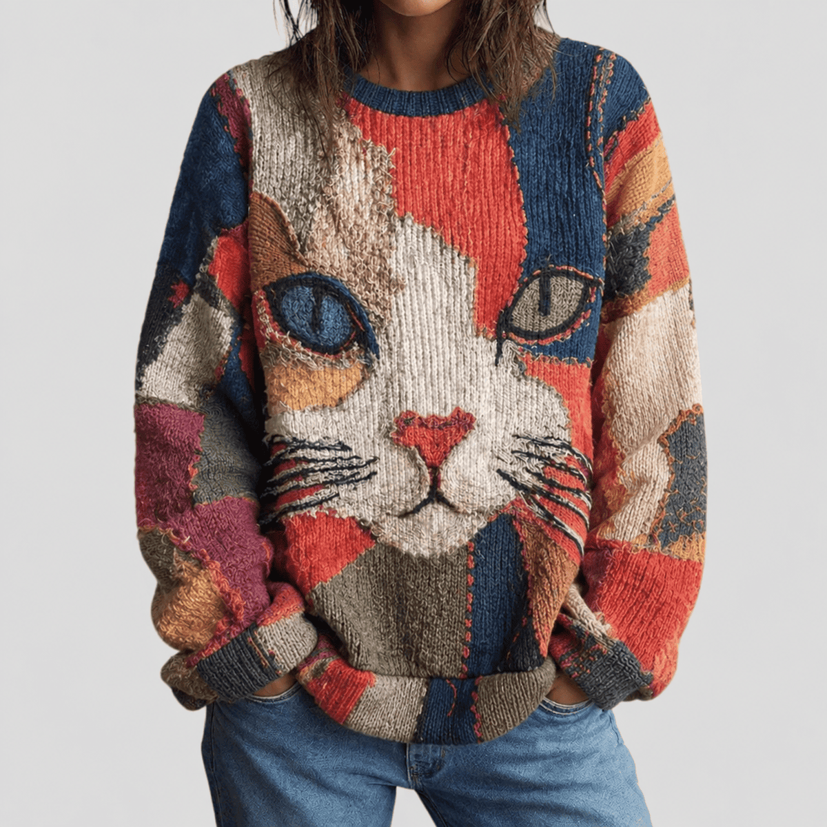 Women's Cat Graphic Crewneck Knit Sweater Relaxed Fit Patchwork Pullover Casual Winter