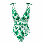 Women's V-Neck Lace-Up Printed One-Piece Swimsuit & Long Skirt Set Casual Beach Vacation Summer Resort Cover-Up – Green Floral