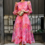Women's Floral Midi Wedding Guest Dress Long Sheer Sleeves Fluid Romantic Elegant Formal