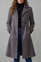 Long Coat Women – Tailored Longline Button-Front with Suede-Like Finish