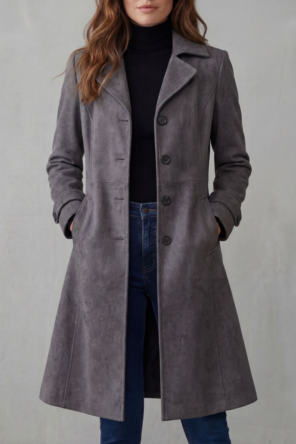 Long Coat Women – Tailored Longline Button-Front with Suede-Like Finish