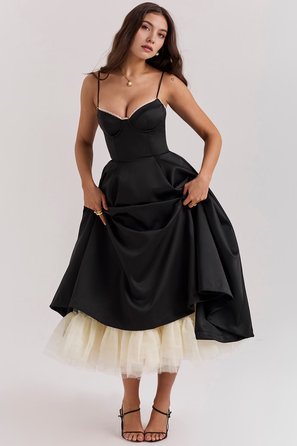 Women's Double Layer Satin Midi Dress Underwire Bust Tulle Formal Wedding Dinner Party – Cloe