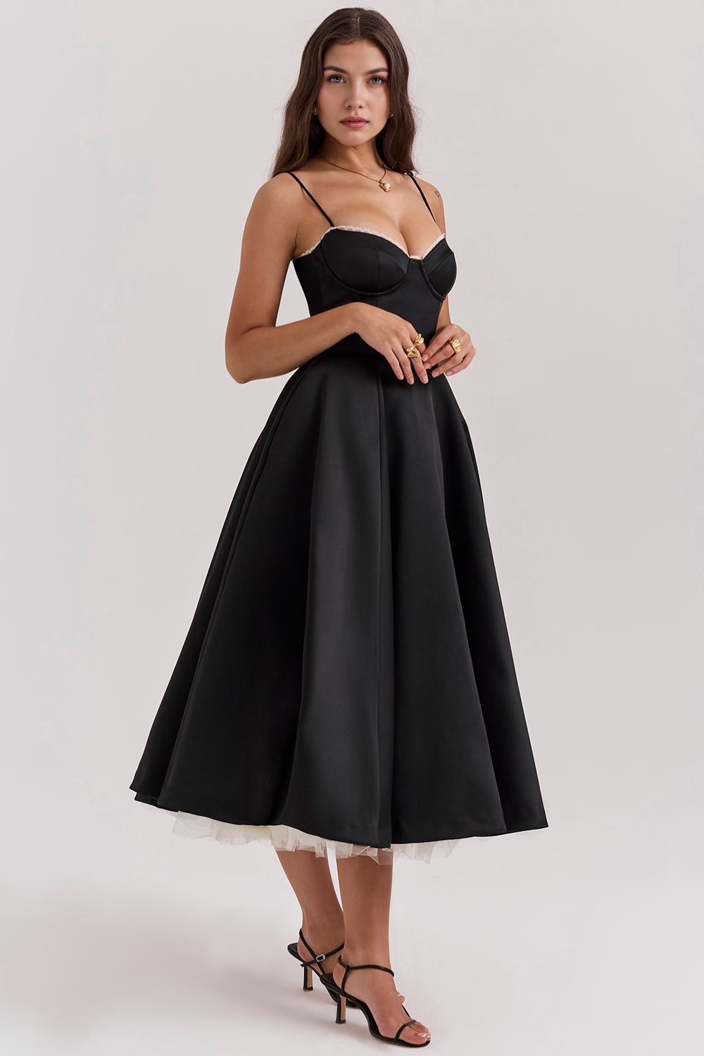 Women's Double Layer Satin Midi Dress Underwire Bust Tulle Formal Wedding Dinner Party – Cloe