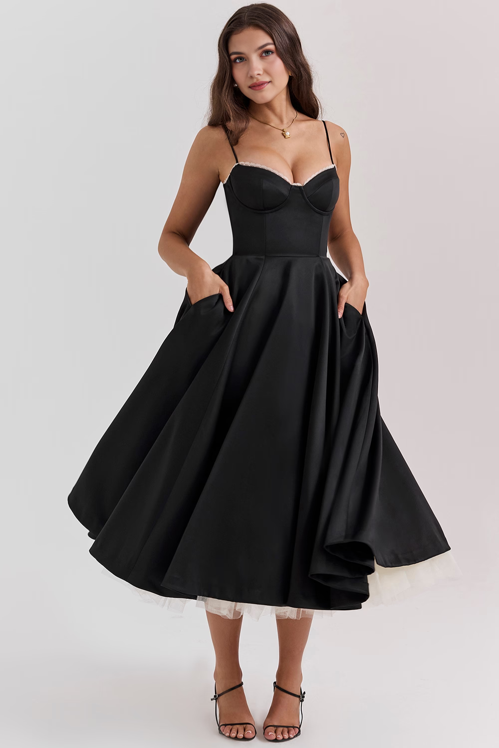 Women's Double Layer Satin Midi Dress Underwire Bust Tulle Formal Wedding Dinner Party – Cloe