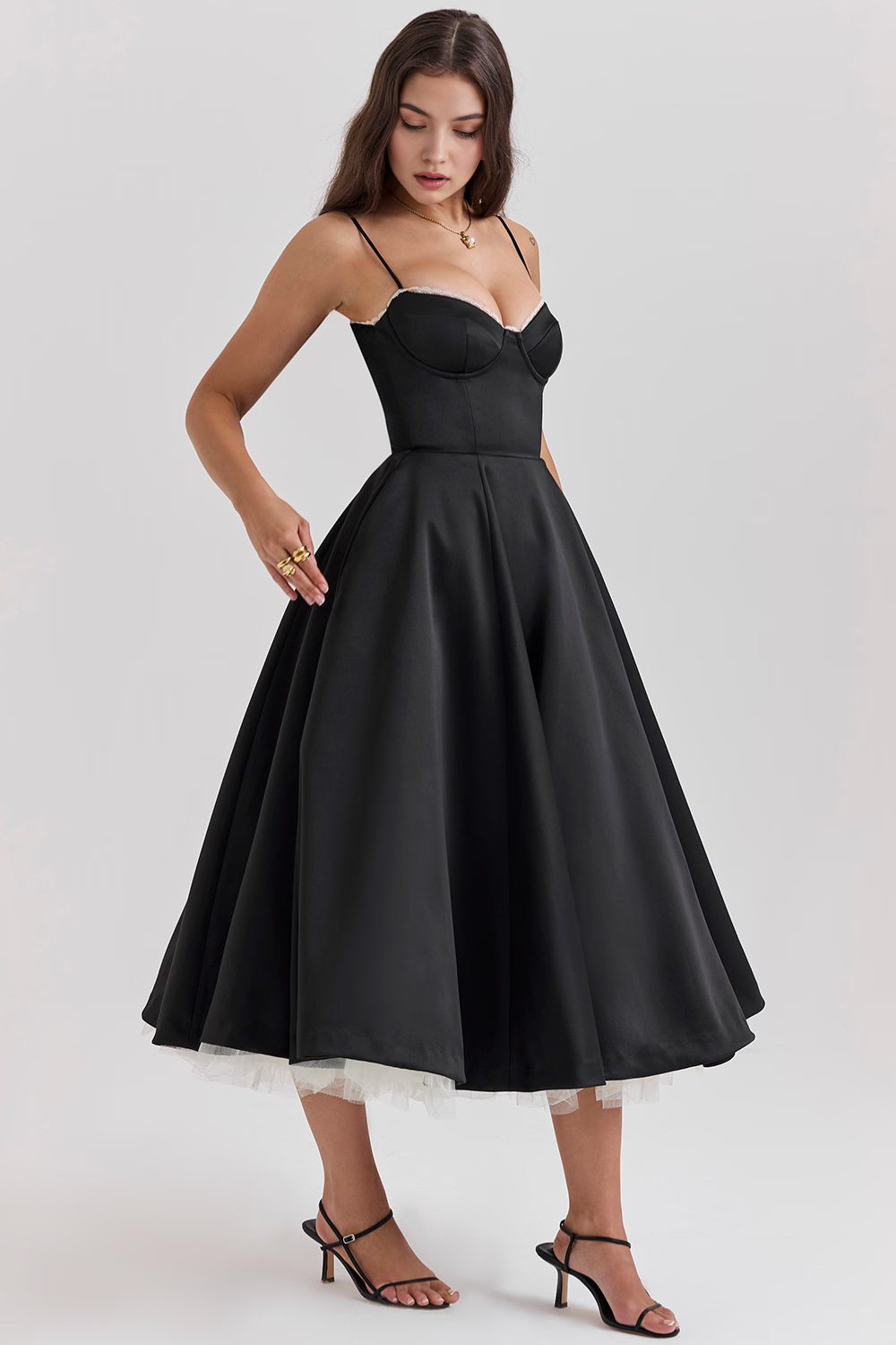 Women's Double Layer Satin Midi Dress Underwire Bust Tulle Formal Wedding Dinner Party – Cloe