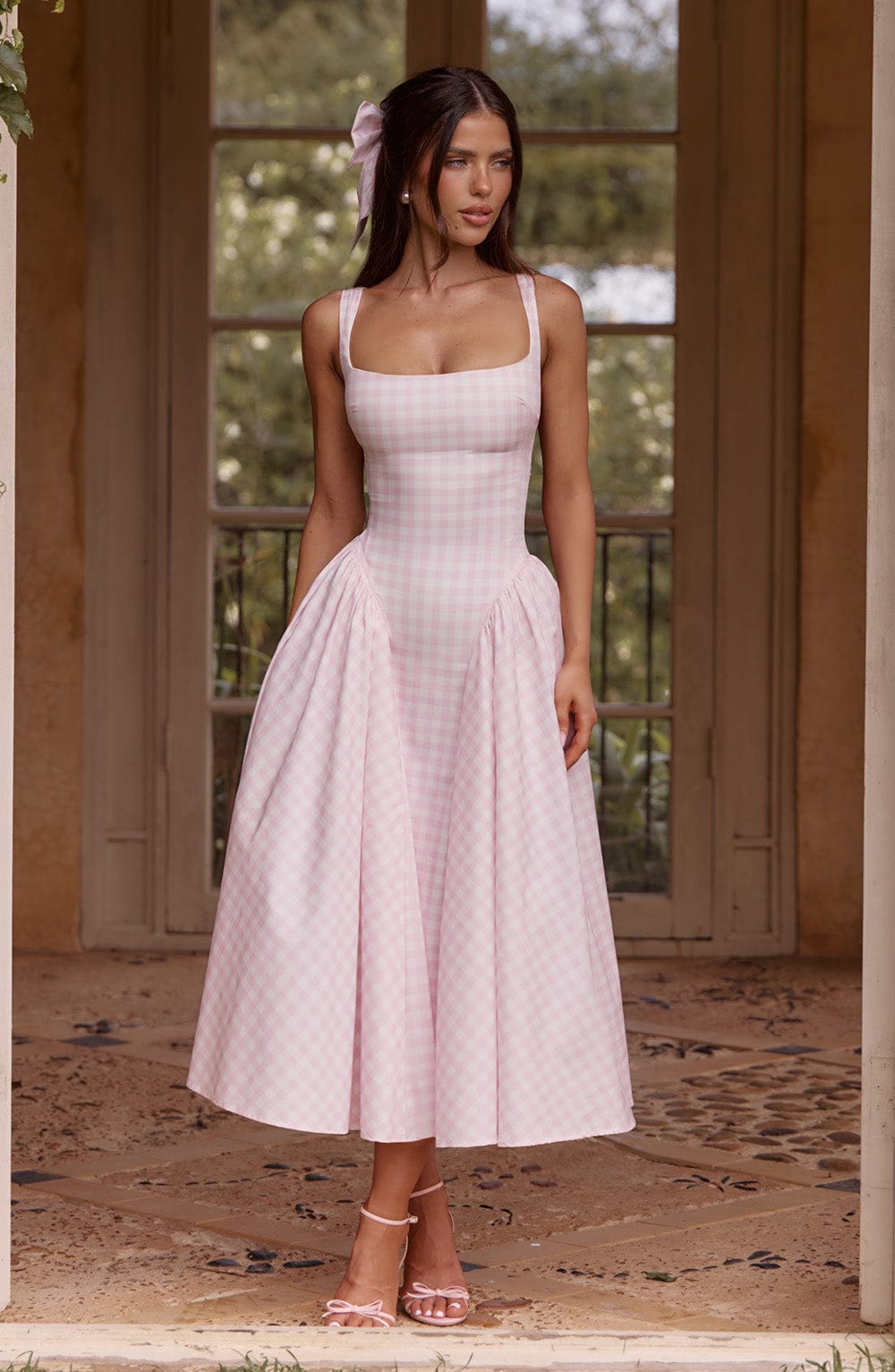 Women's Sleeveless Square Neck Gingham Midi Dress Lace-Up Back Voluminous Skirt Wedding Guest Party Summer Dress – Kaydence