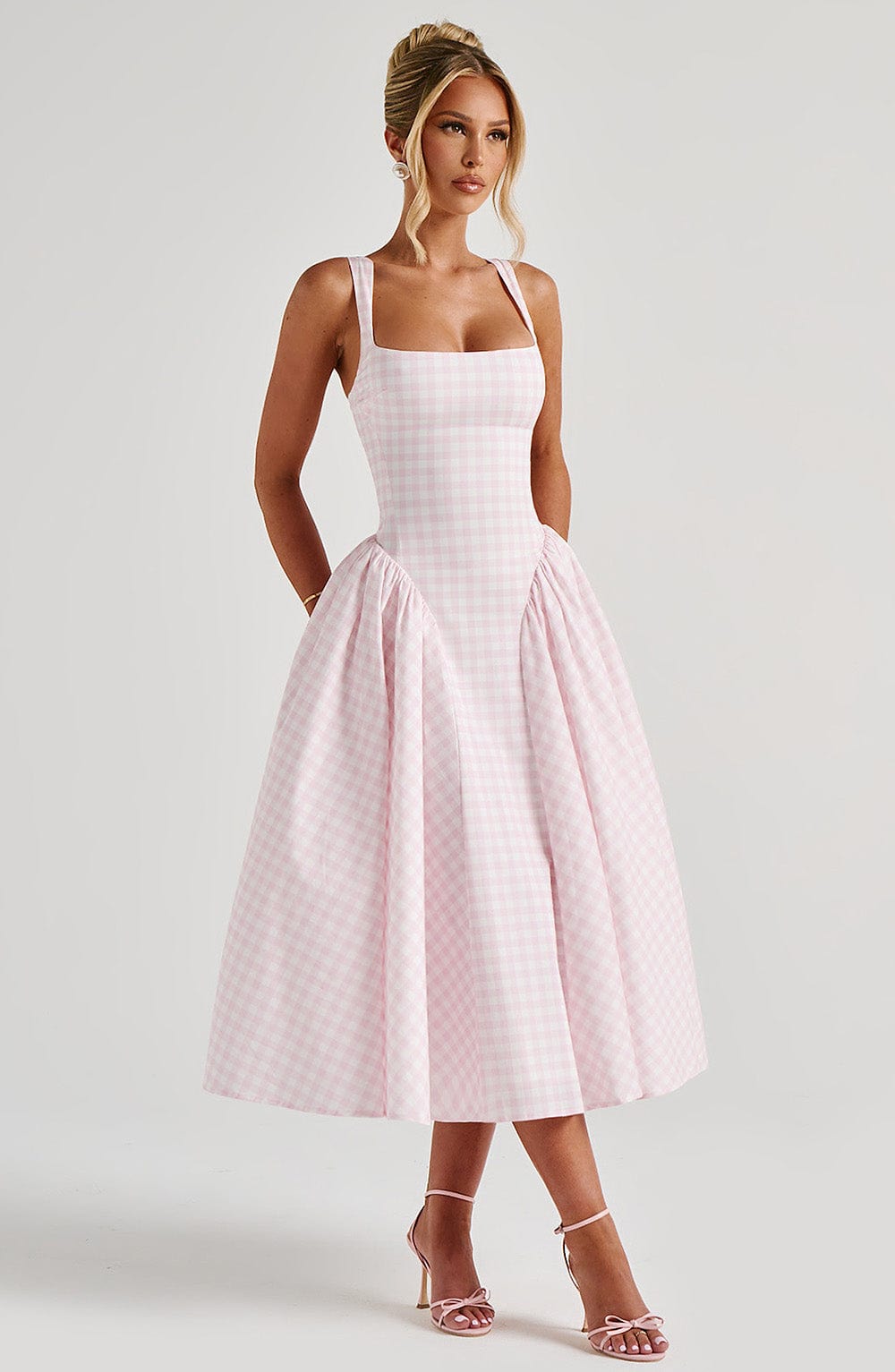 Women's Sleeveless Square Neck Gingham Midi Dress Lace-Up Back Voluminous Skirt Wedding Guest Party Summer Dress – Kaydence