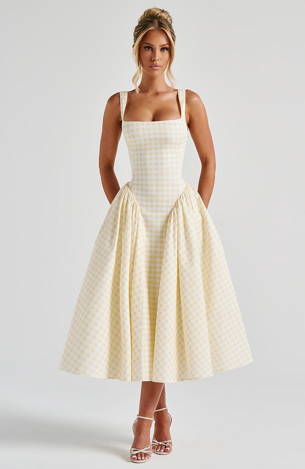 Women's Sleeveless Square Neck Gingham Midi Dress Lace-Up Back Voluminous Skirt Wedding Guest Party Summer Dress – Kaydence