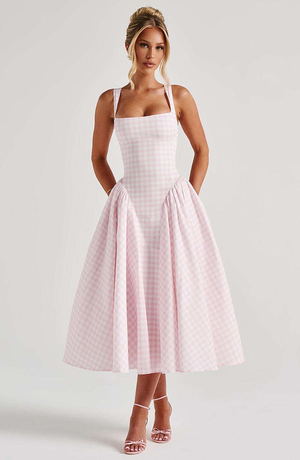 Women's Sleeveless Square Neck Gingham Midi Dress Lace-Up Back Voluminous Skirt Wedding Guest Party Summer Dress – Kaydence
