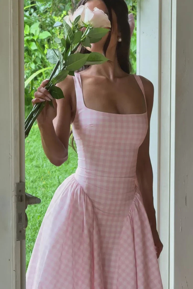 Women's Sleeveless Square Neck Gingham Midi Dress Lace-Up Back Voluminous Skirt Wedding Guest Party Summer Dress – Kaydence