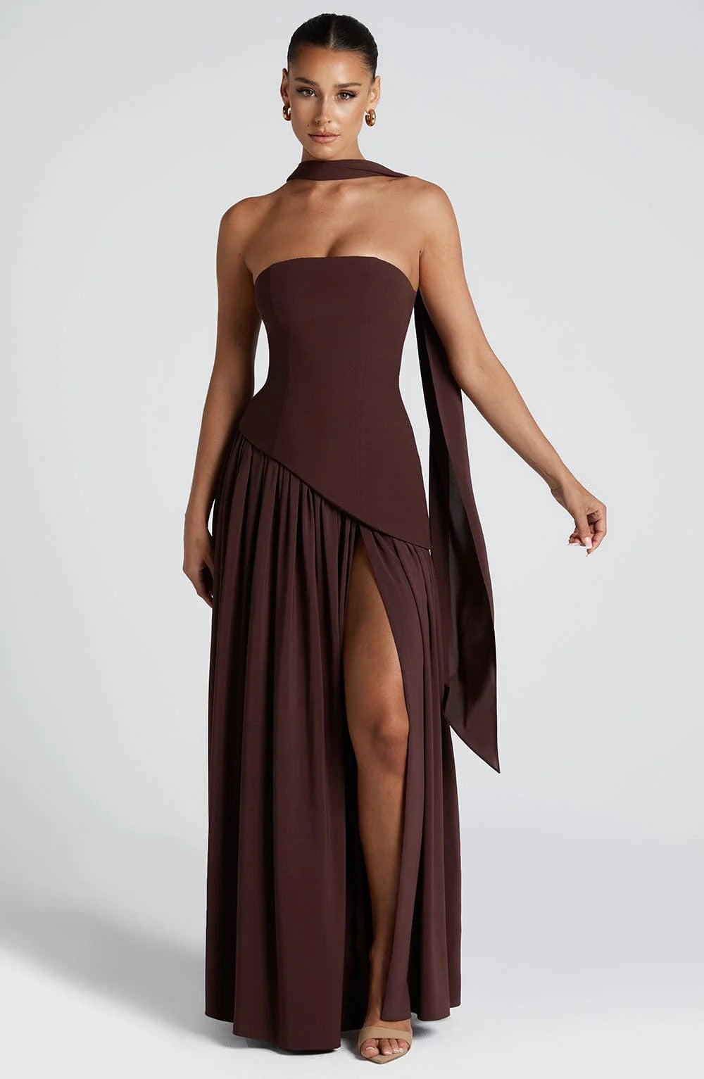 Women's Strapless Long Dress Flowing Slit Scarf Detail Wedding Guest Formal Party Evening Dress – Lucinda