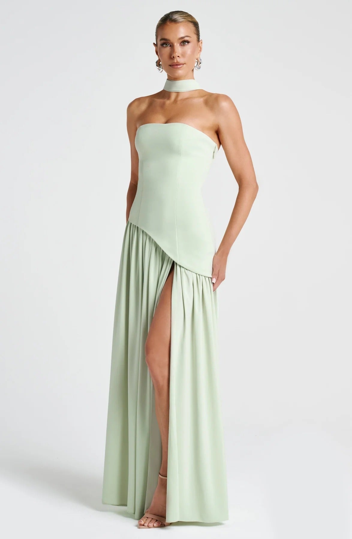 Women's Strapless Long Dress Flowing Slit Scarf Detail Wedding Guest Formal Party Evening Dress – Lucinda