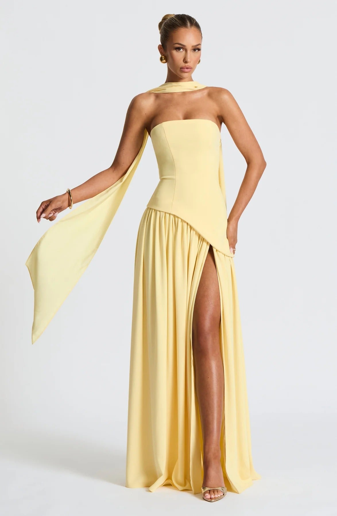 Women's Strapless Long Dress Flowing Slit Scarf Detail Wedding Guest Formal Party Evening Dress – Lucinda