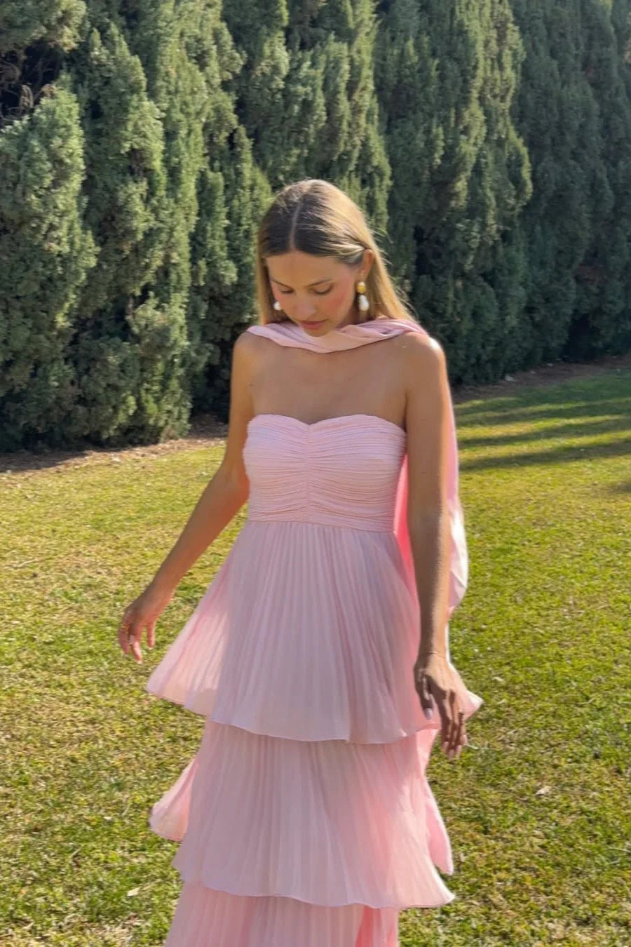 Women's Strapless Tiered Long Dress Formal Wedding Guest Garden Party Ceremony Gala Evening – Odessa Blush Pink