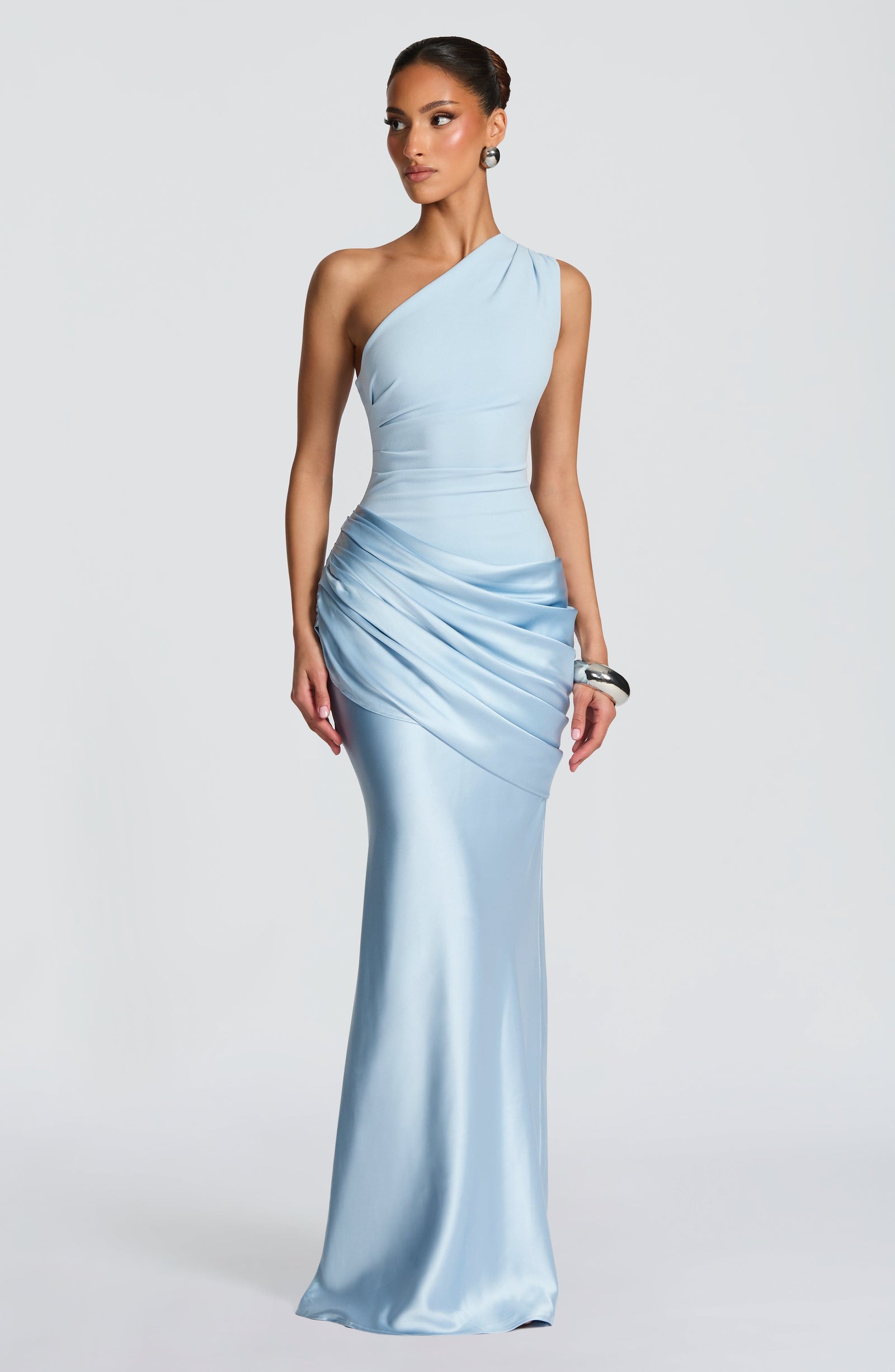 Women's Elegant One-Shoulder Satin Long Dress Crepe Bodice Draped Wedding Guest Formal Party Dress – Ophelia Chocolate