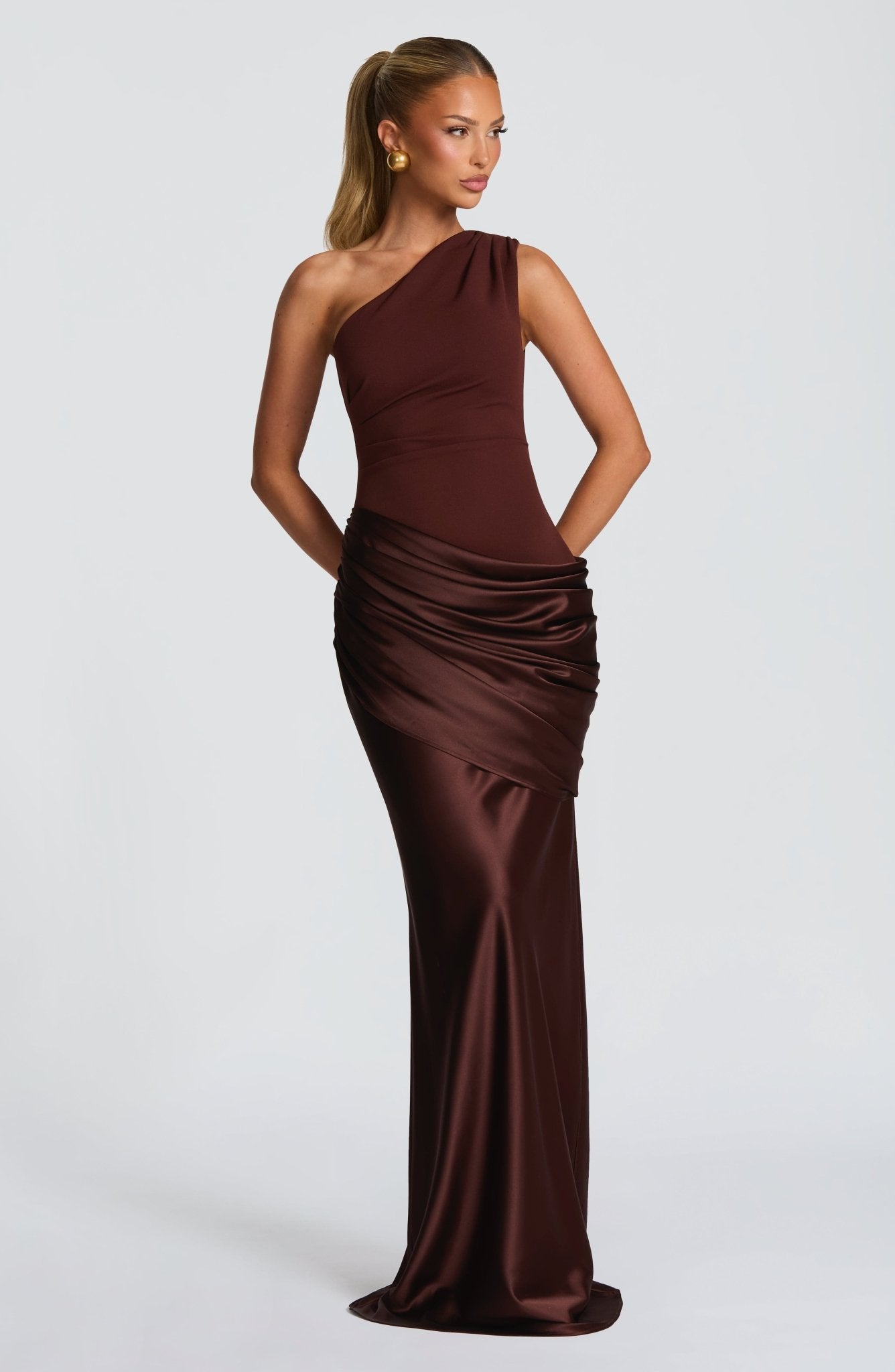 Women's Elegant One-Shoulder Satin Long Dress Crepe Bodice Draped Wedding Guest Formal Party Dress – Ophelia Chocolate