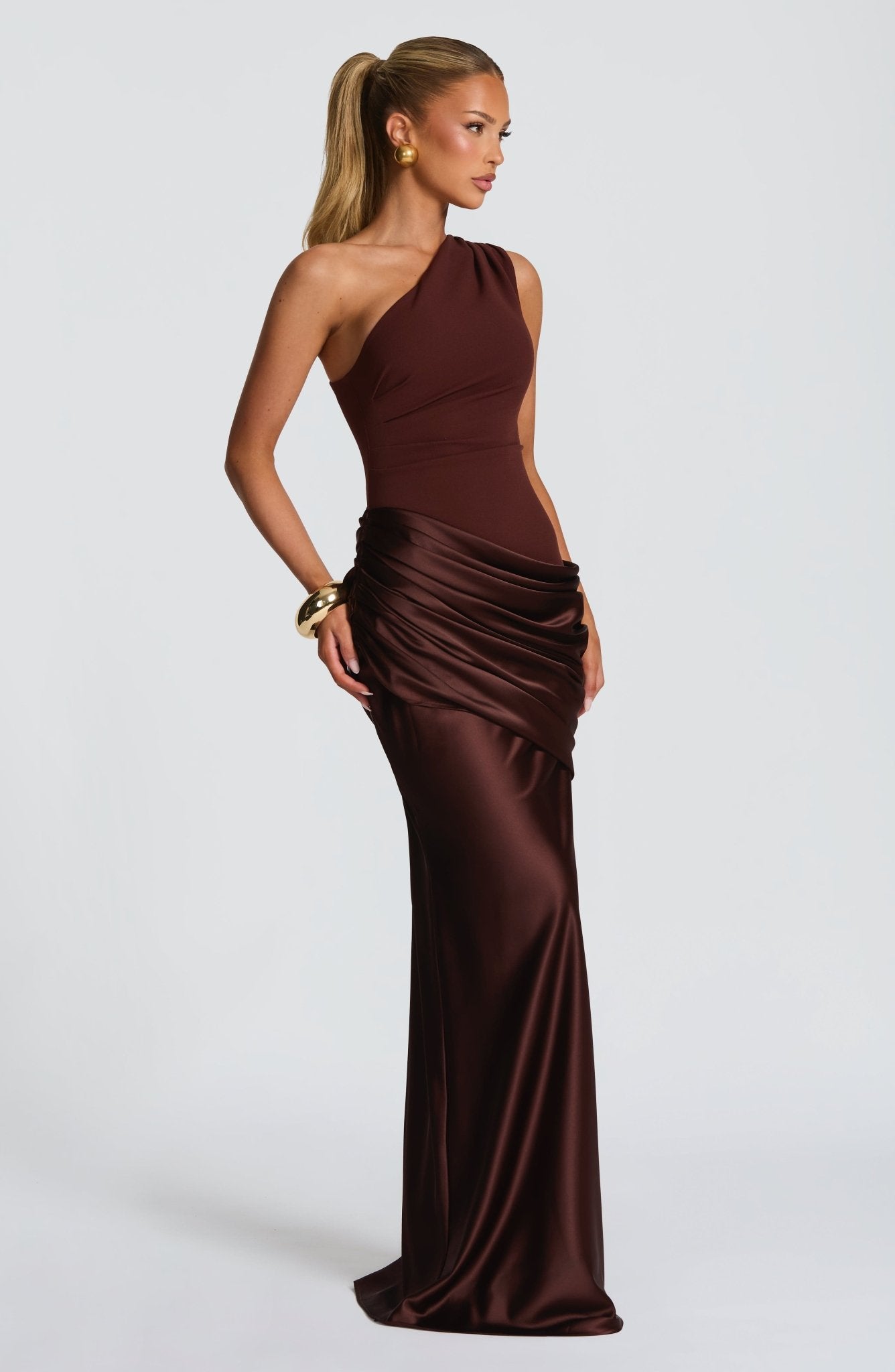 Women's Elegant One-Shoulder Satin Long Dress Crepe Bodice Draped Wedding Guest Formal Party Dress – Ophelia Chocolate